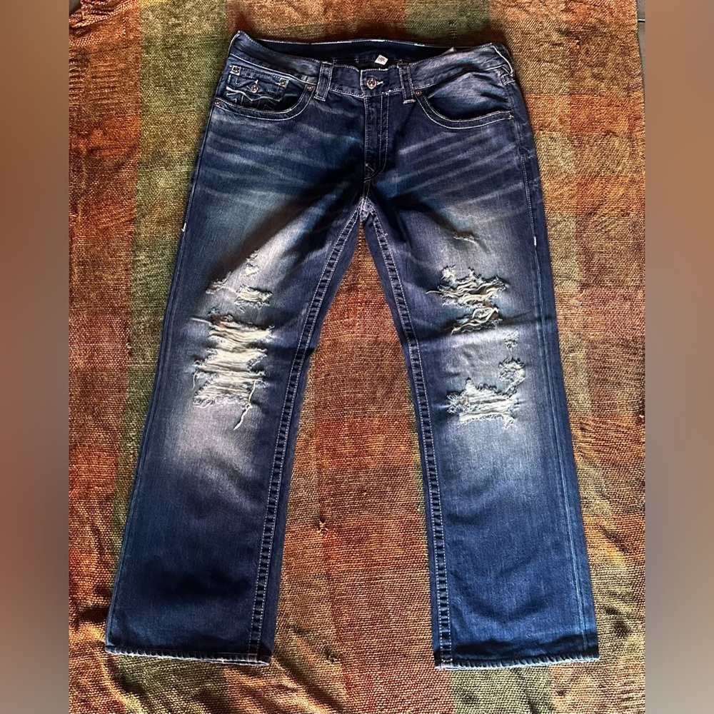 True Religion Relaxed Fit Distressed Blue Jeans